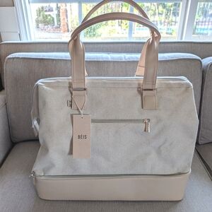 BEIS NWT Beige Canvas and Tan Weekender Bag